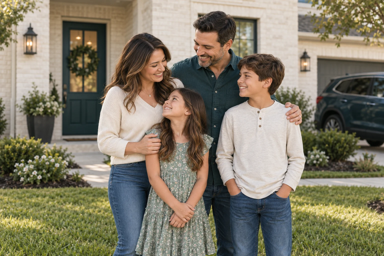Family of four standing together in front of their home with a vehicle in the driveway